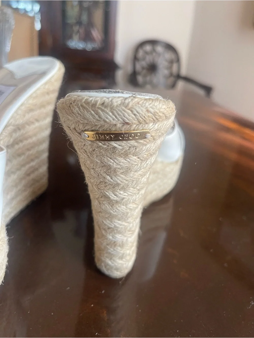 Jimmy Choo White Patent Leather Crisscross Espadrille Wedge Sandals